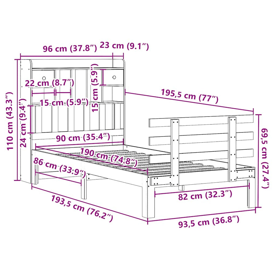 Bed met boekenkast zonder matras massief grenenhout 90x190 cm