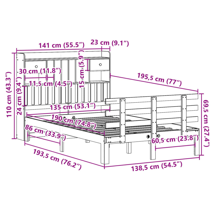 Bed Met Boekenkast Zonder Matras Massief Grenenhout 135 x 190 cm Naturel