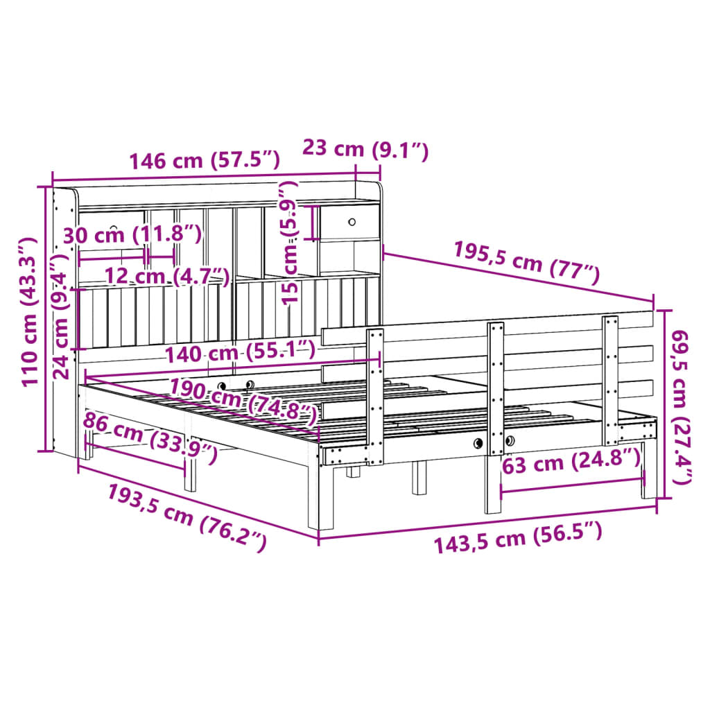 Bed met boekenkast zonder matras grenenhout wit 140x190 cm