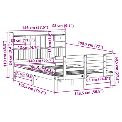 Bed met boekenkast zonder matras grenenhout wit 140x190 cm