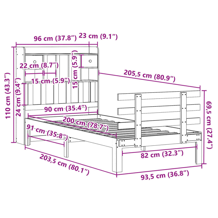 Bed met boekenkast zonder matras grenenhout wit 90x200 cm