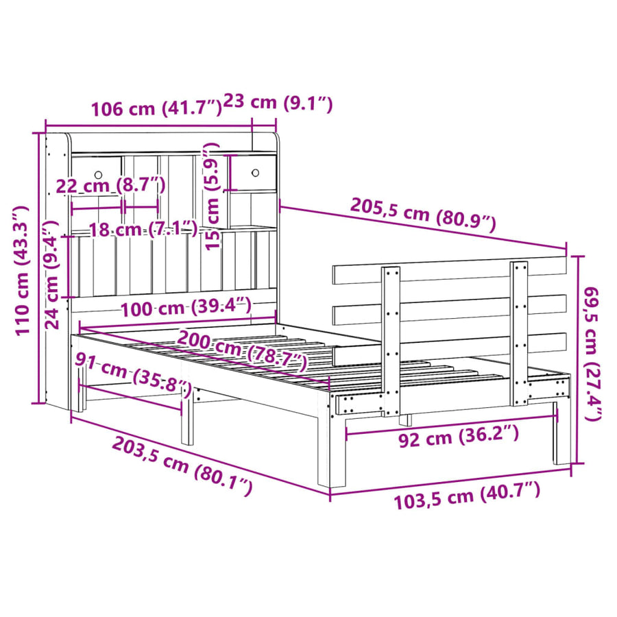Bed met boekenkast zonder matras massief grenenhout 100x200 cm