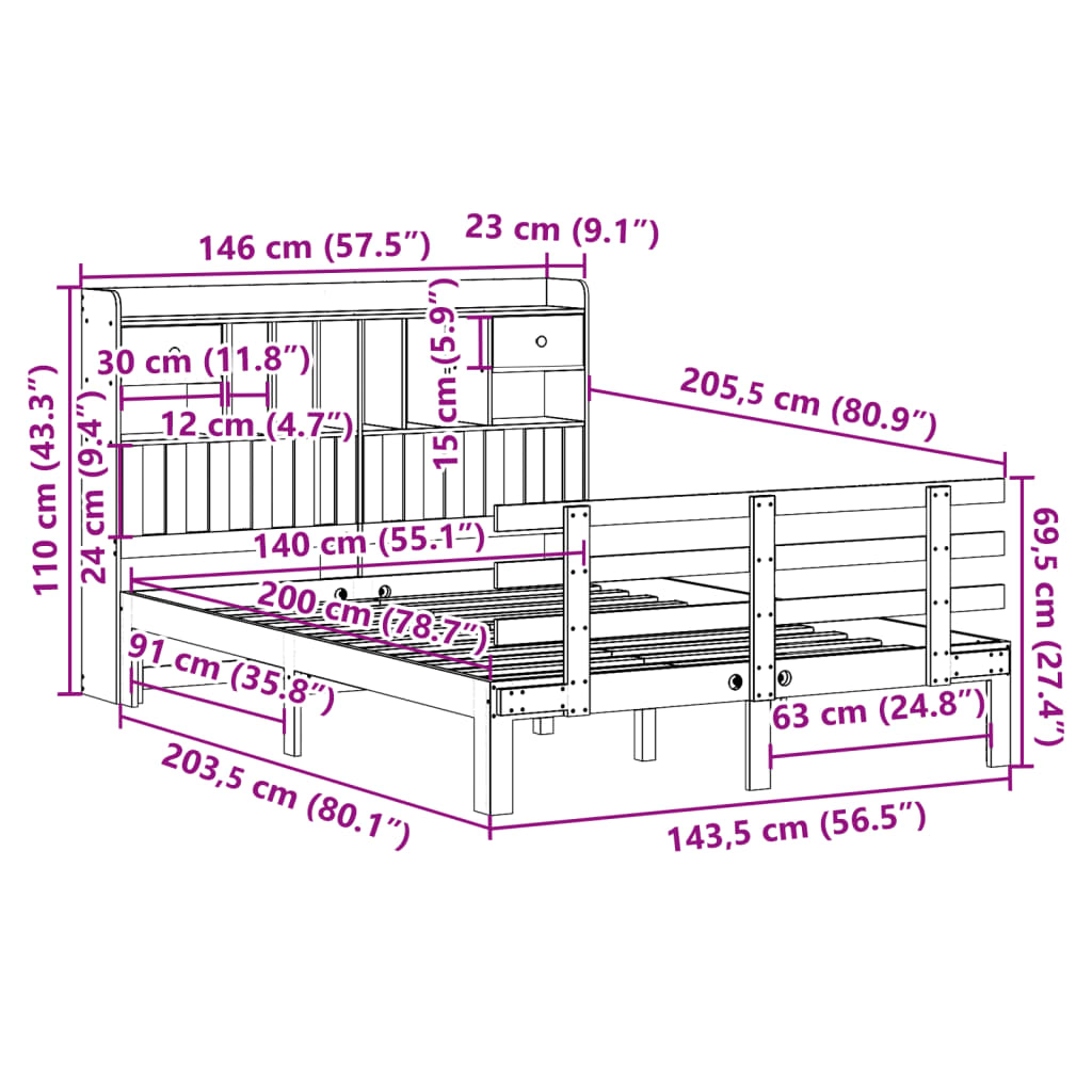 Bed met boekenkast zonder matras massief grenenhout 140x200 cm