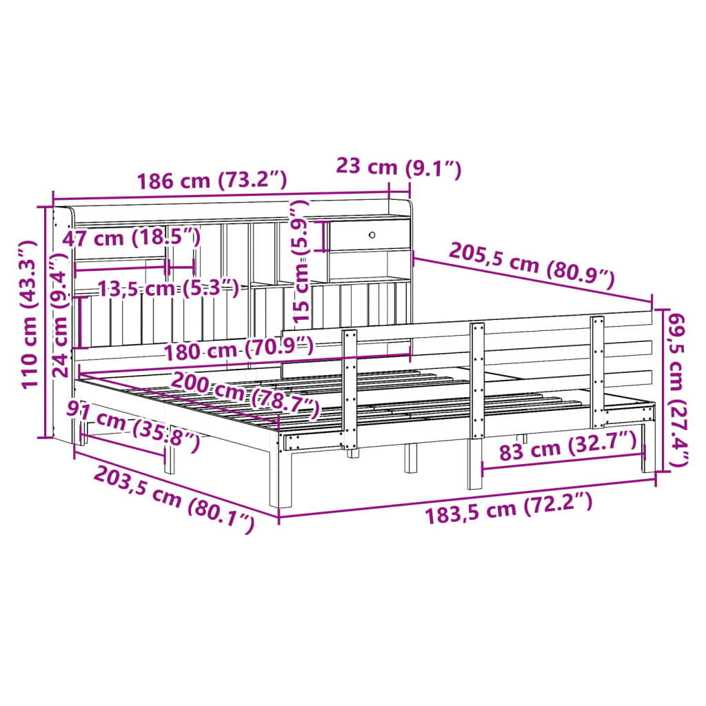 Bed met boekenkast zonder matras massief grenenhout 180x200 cm