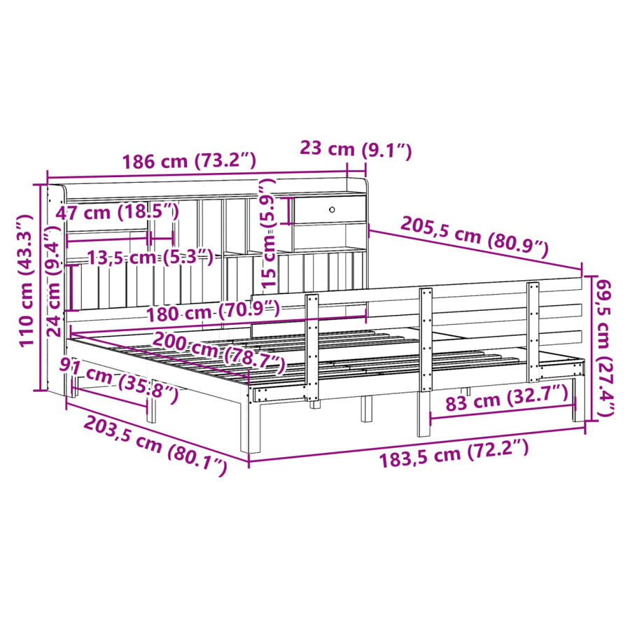 Bed met boekenkast zonder matras grenenhout wit 180x200 cm
