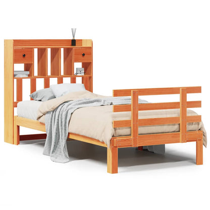Bed met boekenkast zonder matras grenenhout wasbruin 75x190 cm