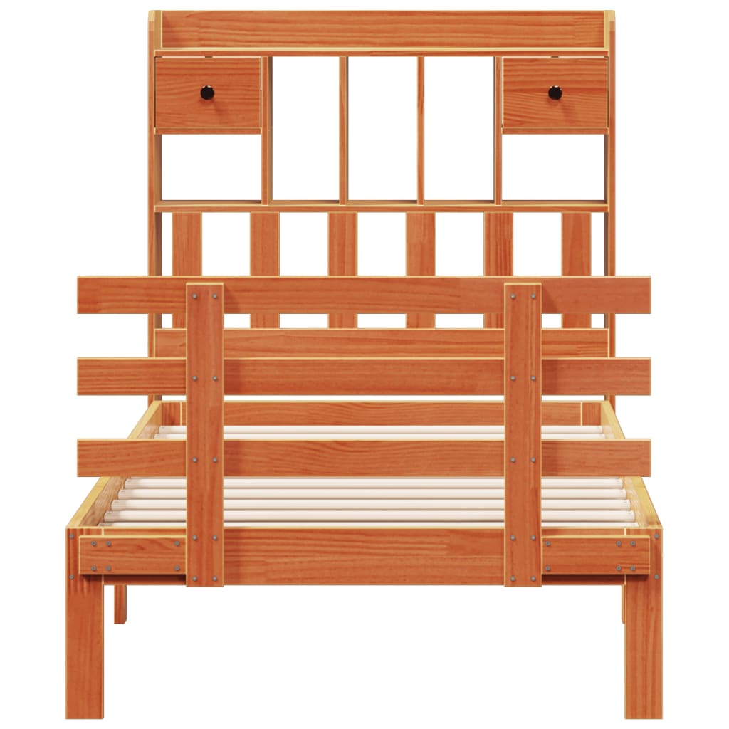 Bed met boekenkast zonder matras grenenhout wasbruin 75x190 cm