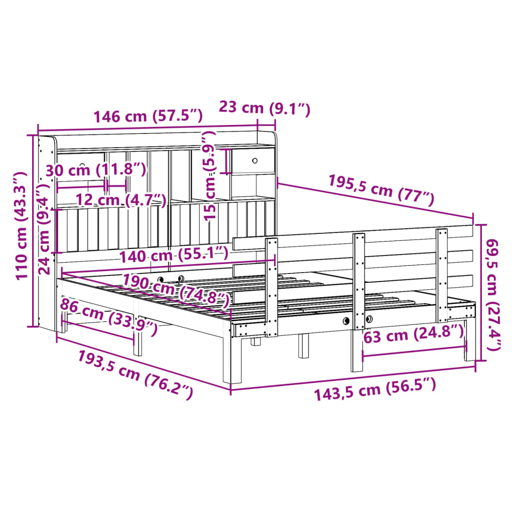 Bed met boekenkast zonder matras grenenhout wasbruin 140x190 cm