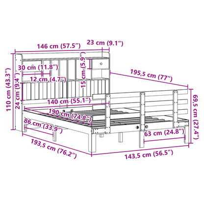 Bed met boekenkast zonder matras grenenhout wasbruin 140x190 cm