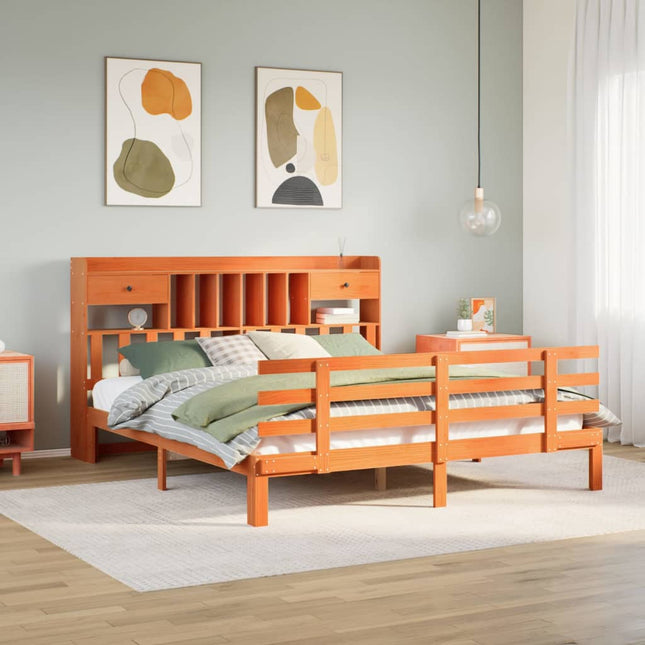 Bed met boekenkast zonder matras grenenhout wasbruin 180x200 cm