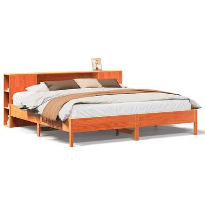 Bed met boekenkast zonder matras grenenhout wasbruin 200x200 cm