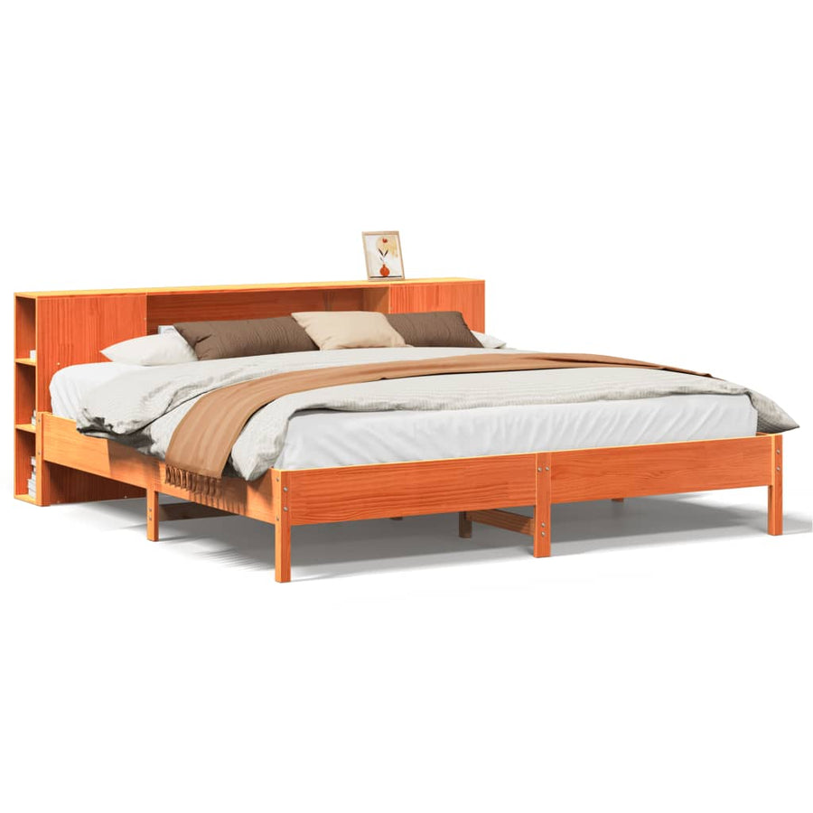Bed met boekenkast zonder matras grenenhout wasbruin 200x200 cm