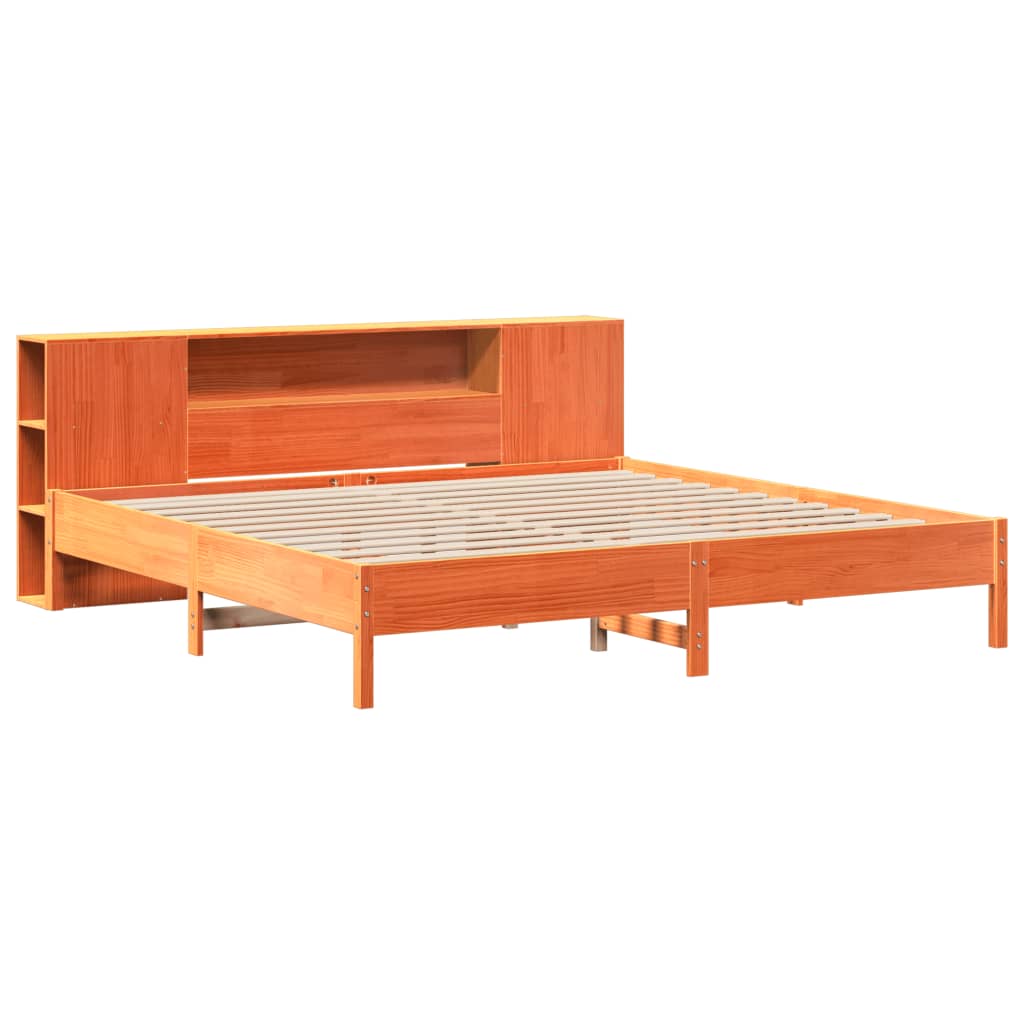 Bed met boekenkast zonder matras grenenhout wasbruin 200x200 cm