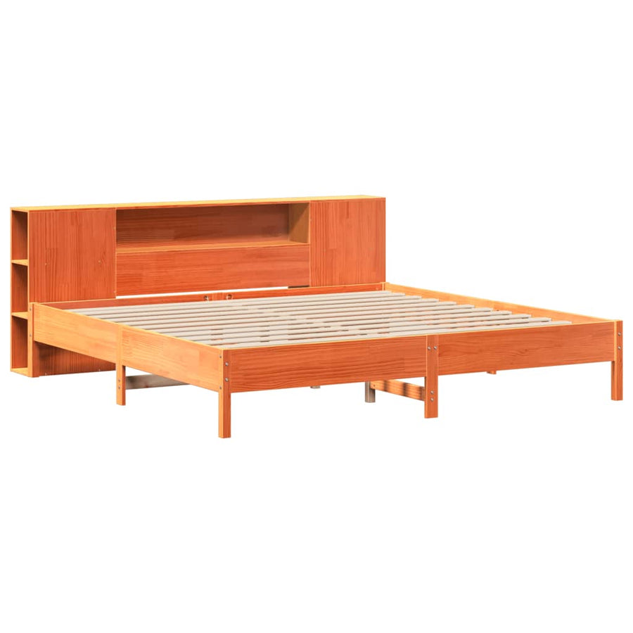 Bed met boekenkast zonder matras grenenhout wasbruin 200x200 cm