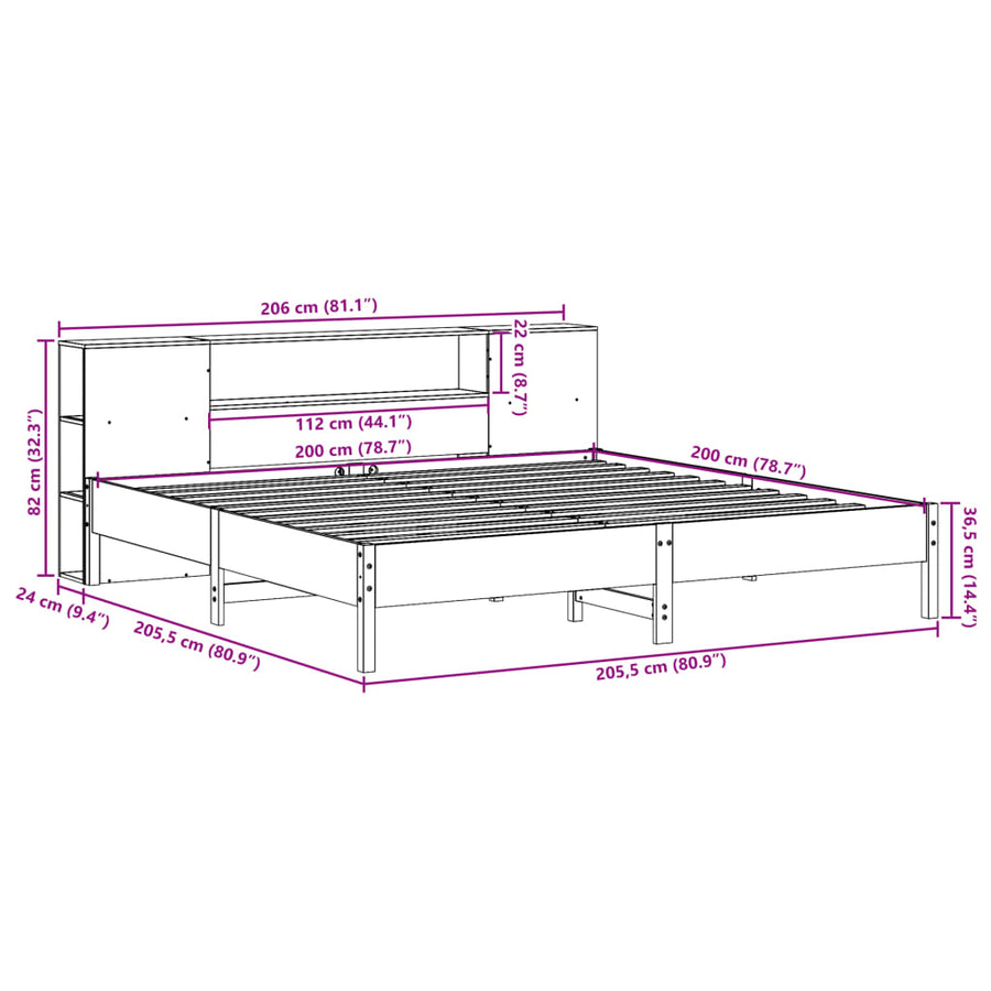 Bed met boekenkast zonder matras grenenhout wasbruin 200x200 cm