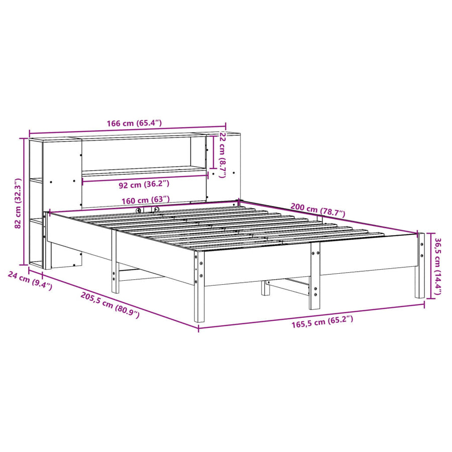Bed met boekenkast zonder matras grenenhout wit 160x200 cm
