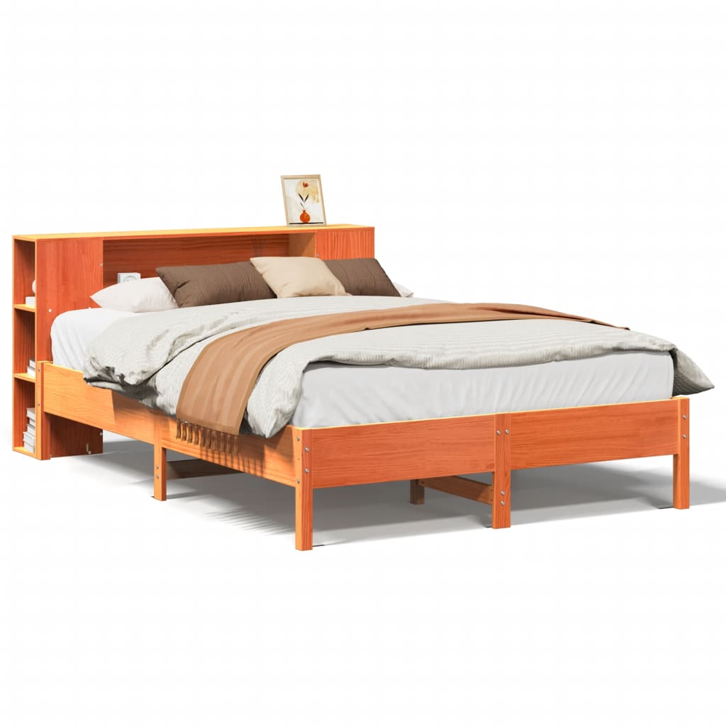 Bed met boekenkast zonder matras grenenhout wasbruin 150x200 cm