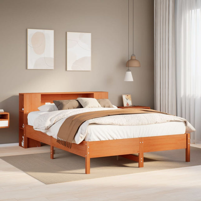 Bed met boekenkast zonder matras grenenhout wasbruin 150x200 cm