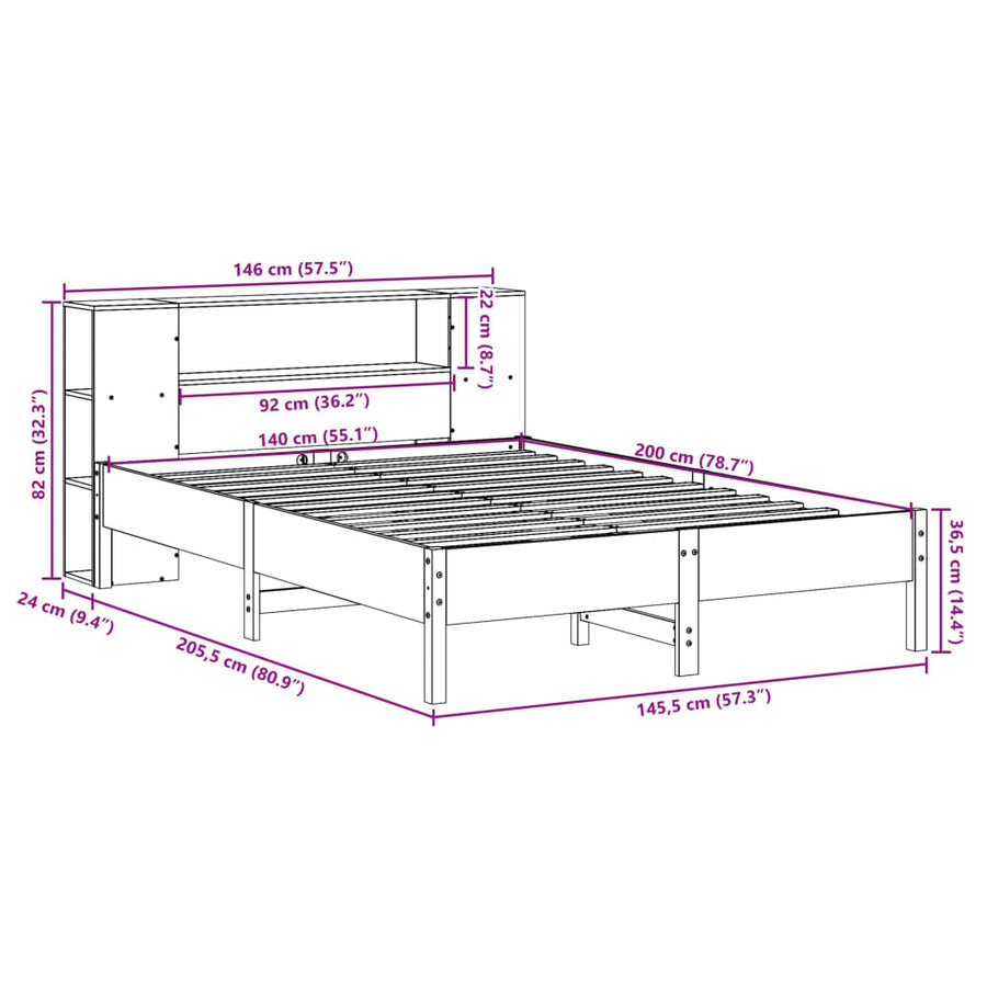 Bed met boekenkast zonder matras grenenhout wit 140x200 cm