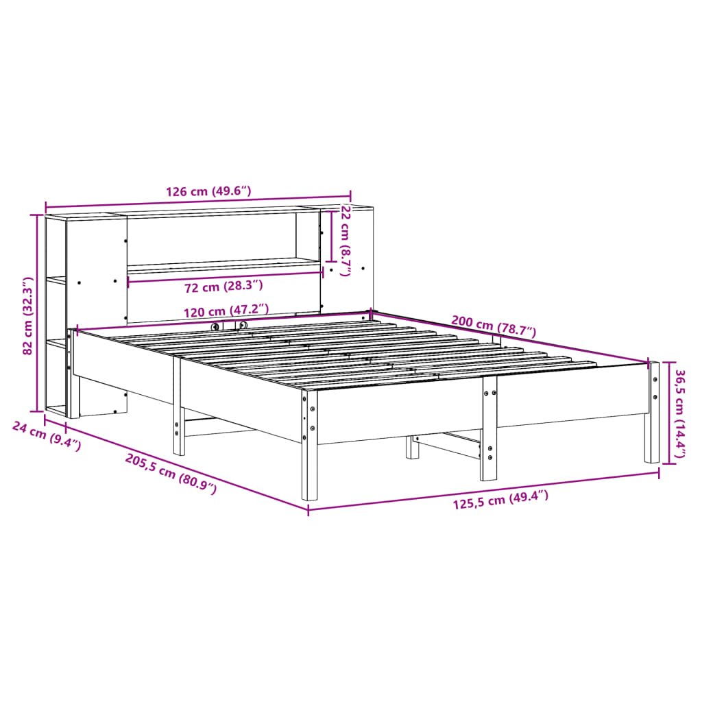 Bed met boekenkast zonder matras grenenhout wit 120x200 cm