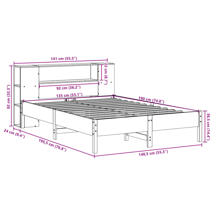 Bed met boekenkast zonder matras massief grenenhout 135x190 cm