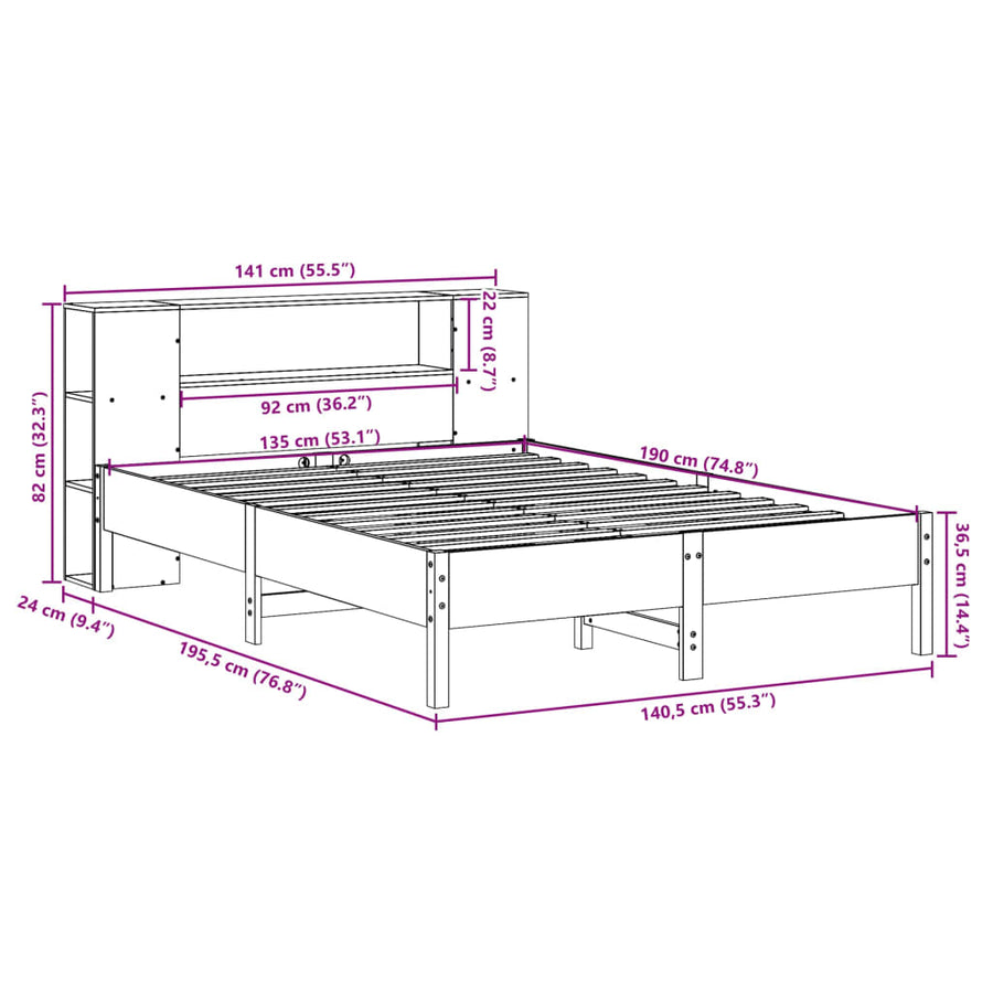 Bed met boekenkast zonder matras grenenhout wit 135x190 cm