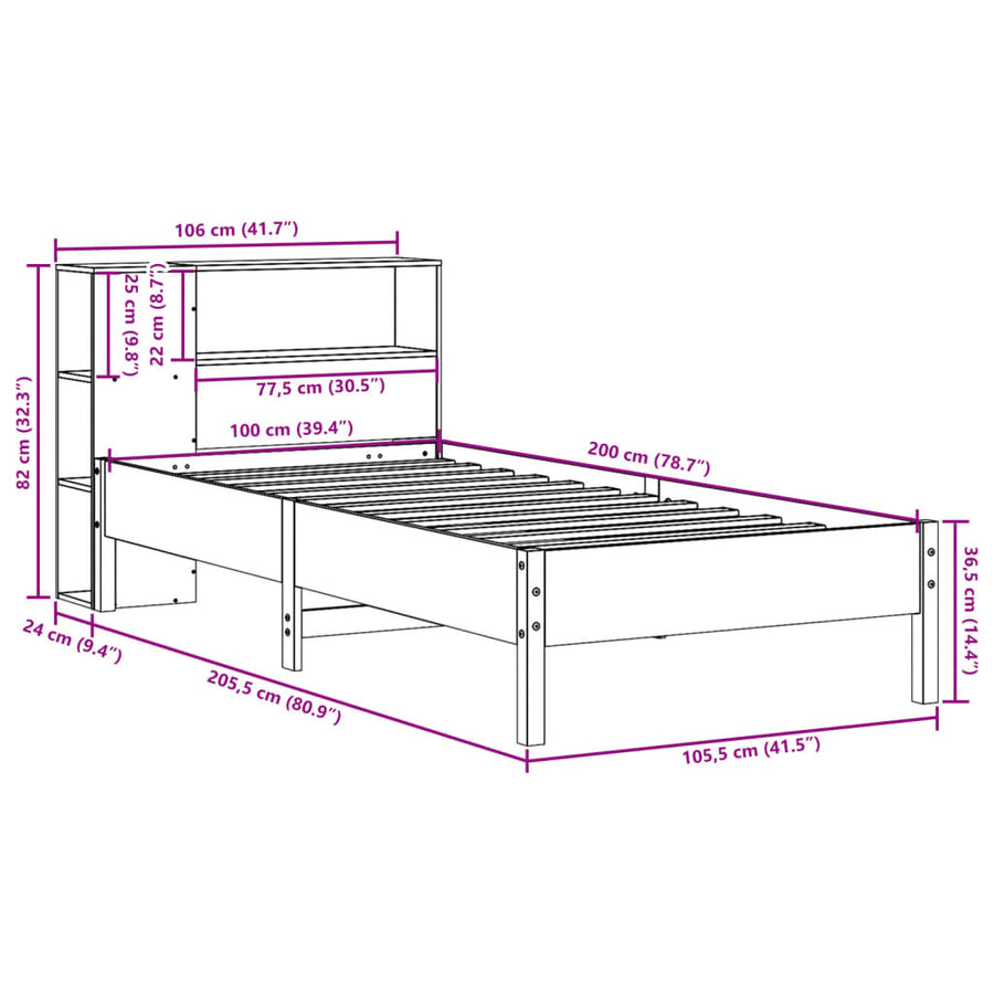Bed met boekenkast zonder matras grenenhout wasbruin 100x200 cm