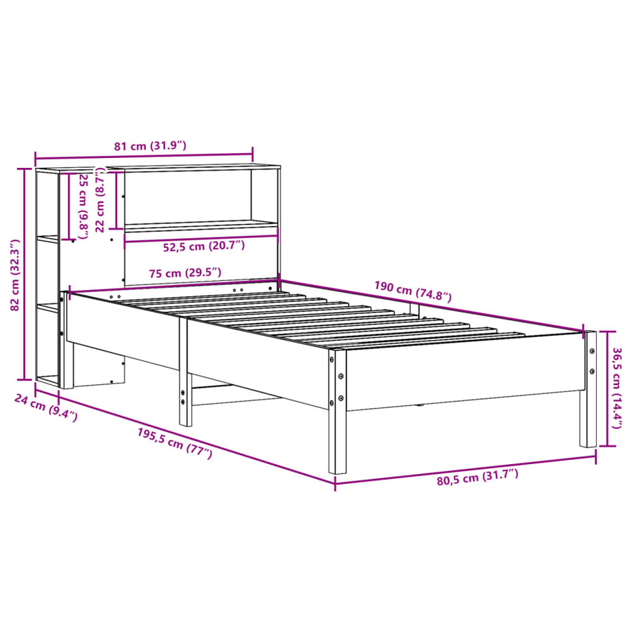 Bed met boekenkast zonder matras massief grenenhout 75x190 cm