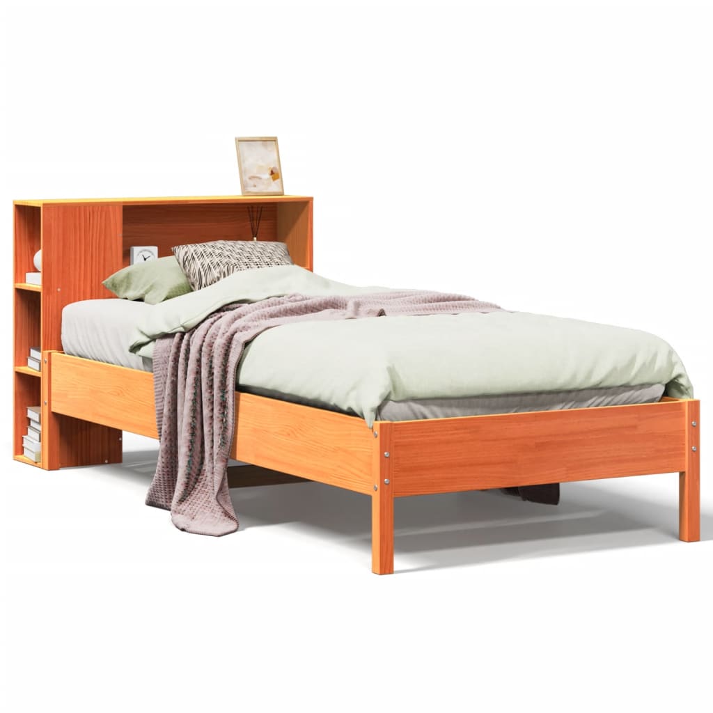 Bed met boekenkast zonder matras grenenhout wasbruin 75x190 cm