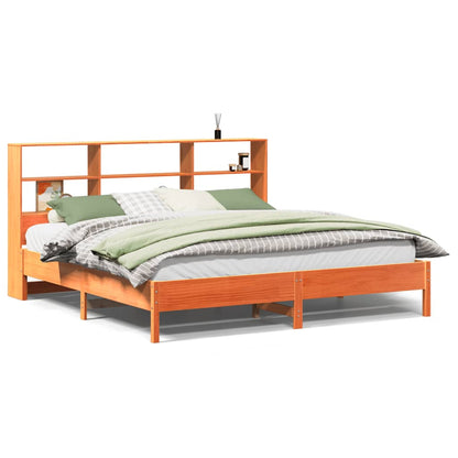 Bed met boekenkast zonder matras grenenhout wasbruin 200x200 cm