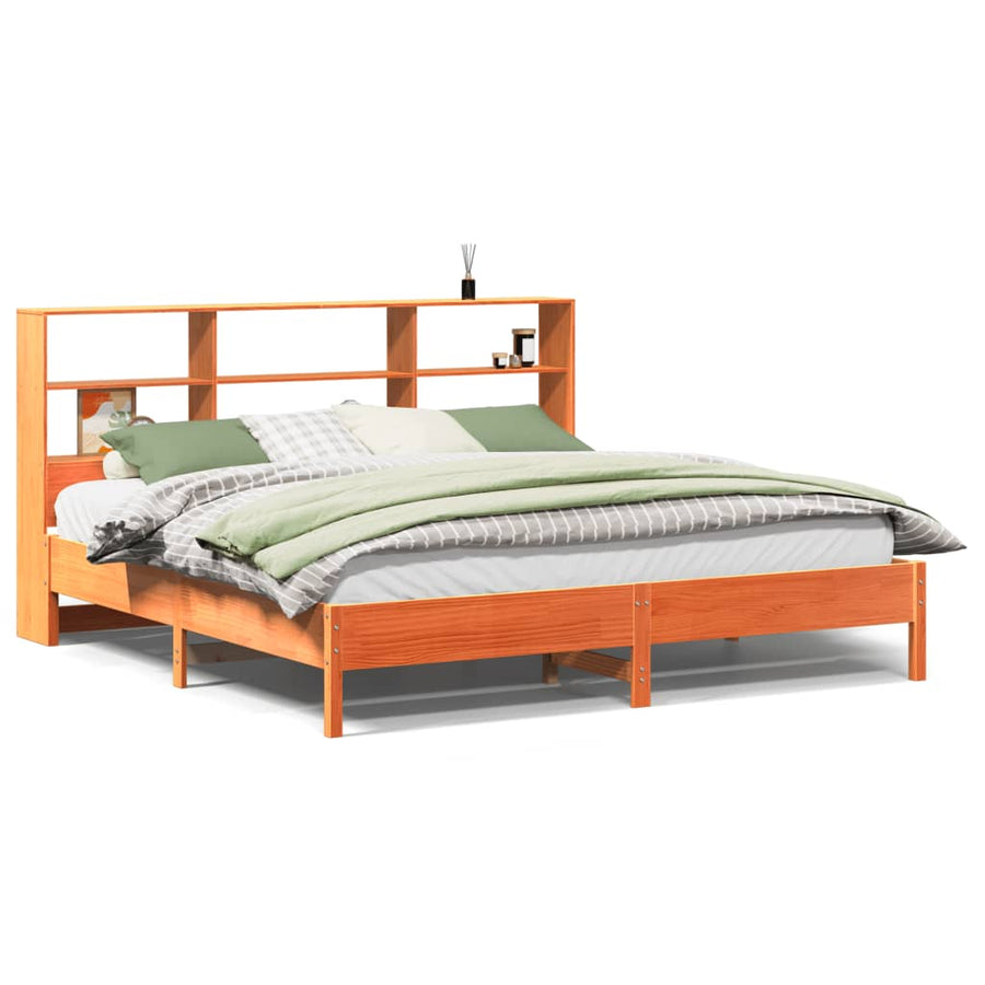 Bed met boekenkast zonder matras grenenhout wasbruin 200x200 cm