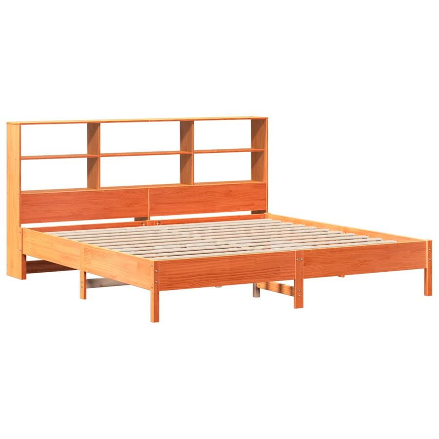 Bed met boekenkast zonder matras grenenhout wasbruin 200x200 cm