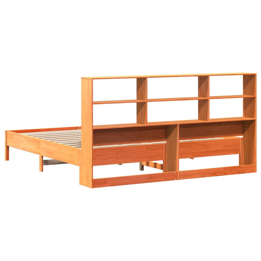 Bed met boekenkast zonder matras grenenhout wasbruin 200x200 cm