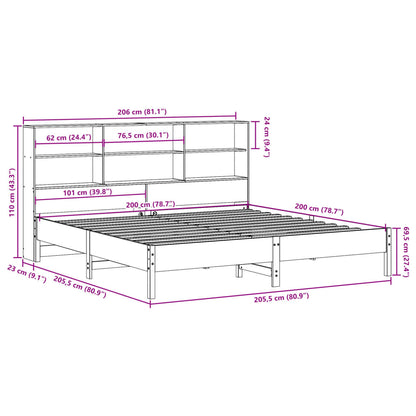Bed met boekenkast zonder matras grenenhout wasbruin 200x200 cm