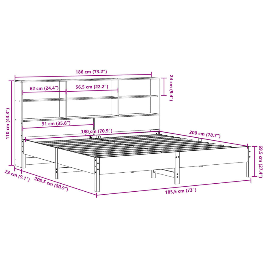 Bed met boekenkast zonder matras grenenhout wit 180x200 cm
