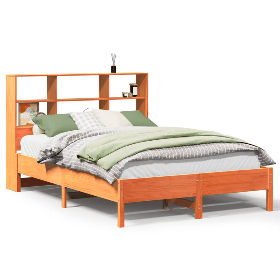 Bed met boekenkast zonder matras grenenhout wasbruin 150x200 cm