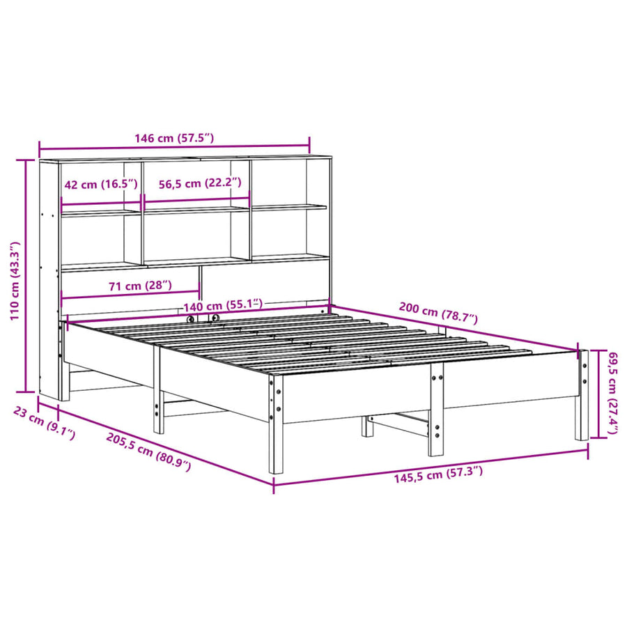 Bed met boekenkast zonder matras grenenhout wasbruin 140x200 cm