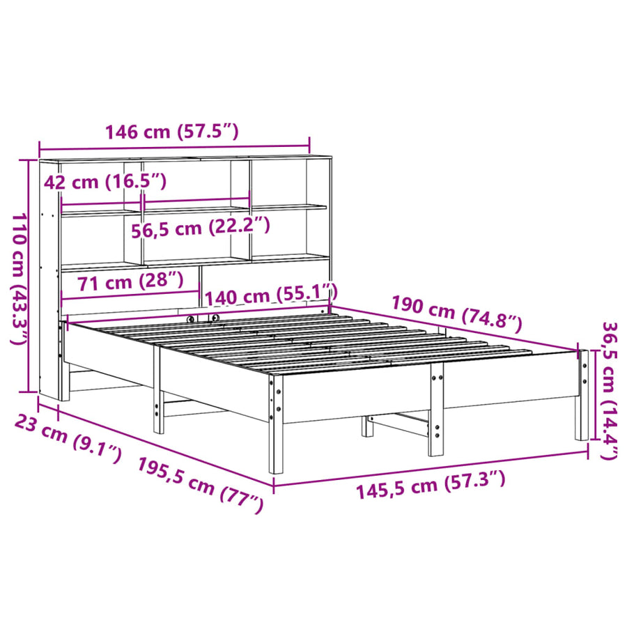 Bed met boekenkast zonder matras grenenhout wasbruin 140x190 cm