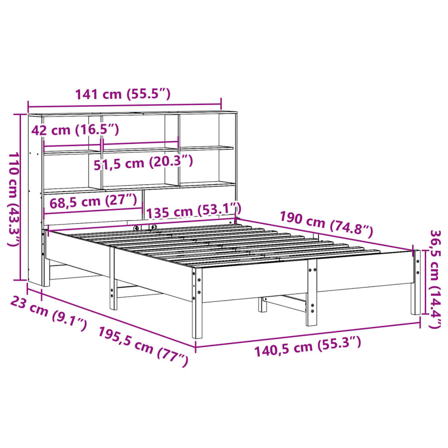 Bed met boekenkast zonder matras grenenhout wasbruin 135x190 cm