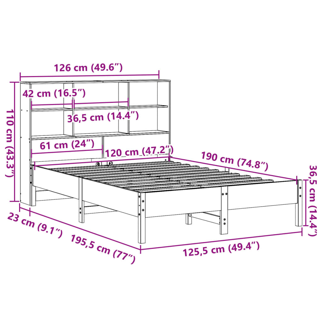 Bed met boekenkast zonder matras massief grenenhout 120x190 cm