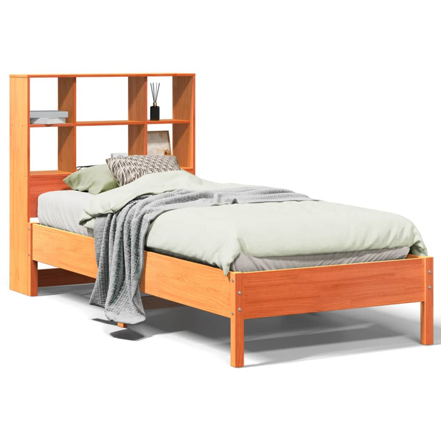 Bed met boekenkast zonder matras grenenhout wasbruin 75x190 cm