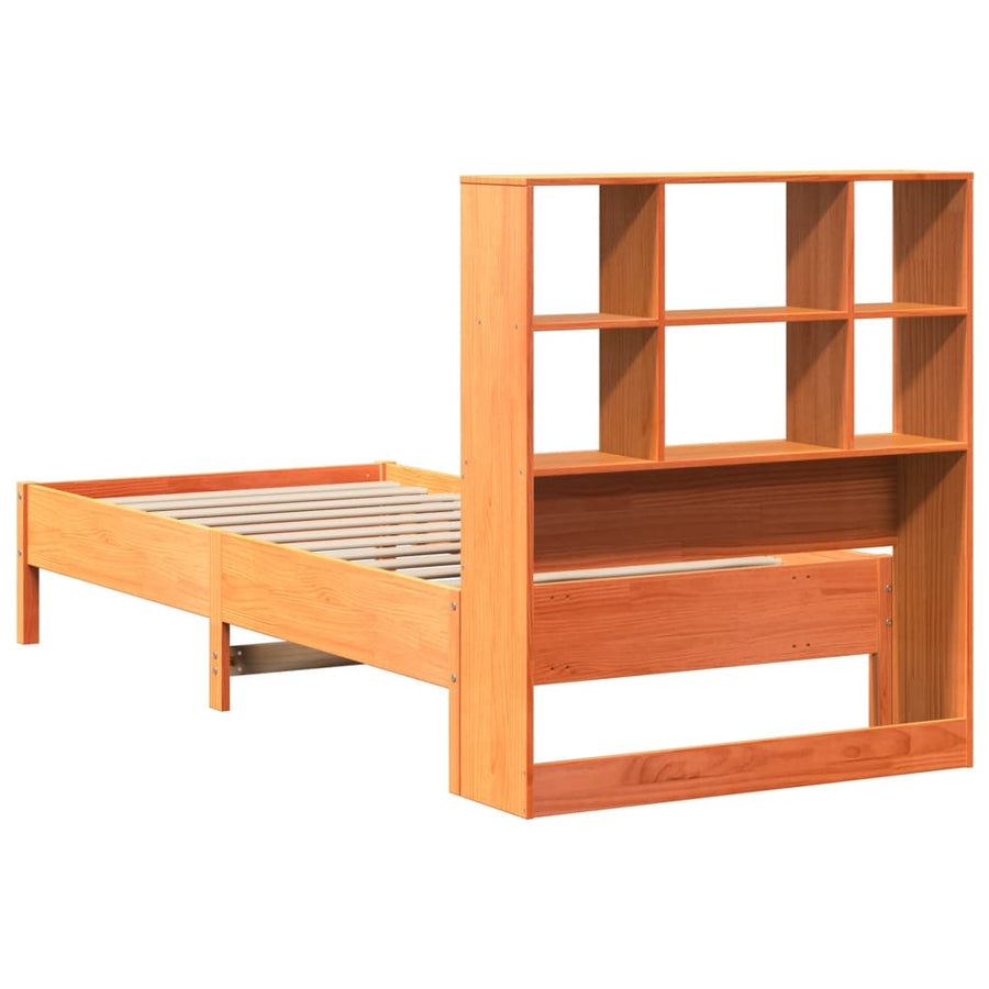 Bed met boekenkast zonder matras grenenhout wasbruin 75x190 cm
