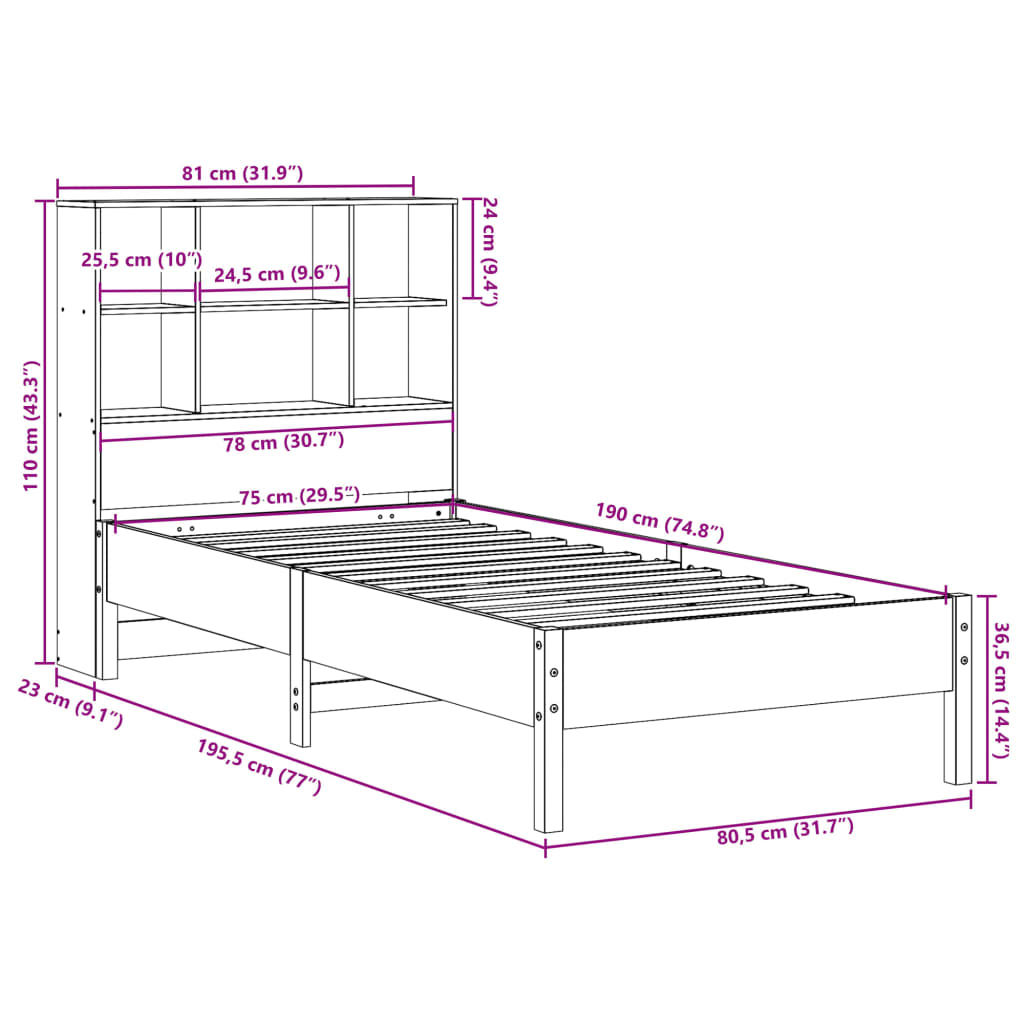 Bed met boekenkast zonder matras grenenhout wasbruin 75x190 cm