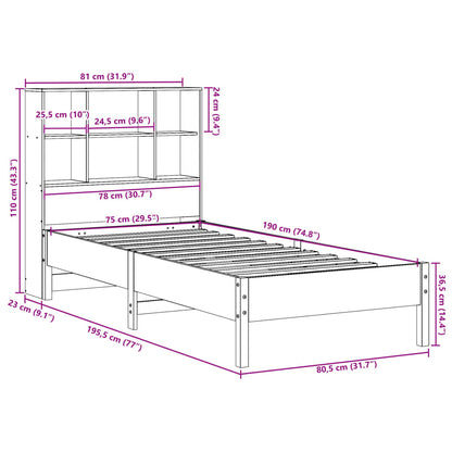 Bed met boekenkast zonder matras grenenhout wasbruin 75x190 cm