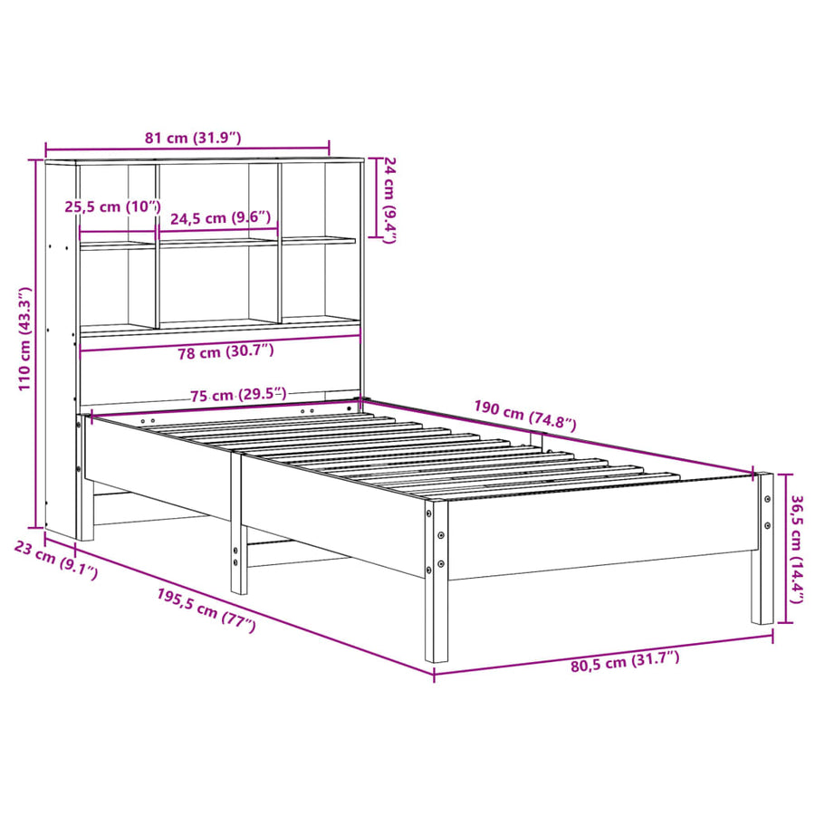 Bed met boekenkast zonder matras grenenhout wasbruin 75x190 cm