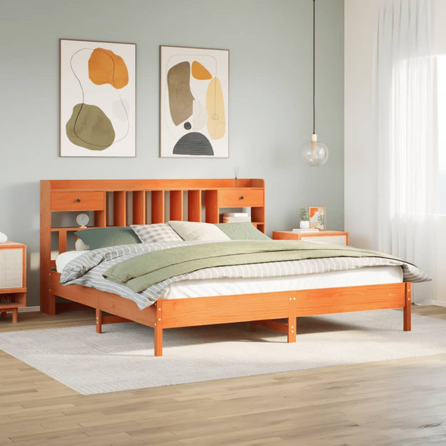 Bed met boekenkast zonder matras grenenhout wasbruin 200x200 cm