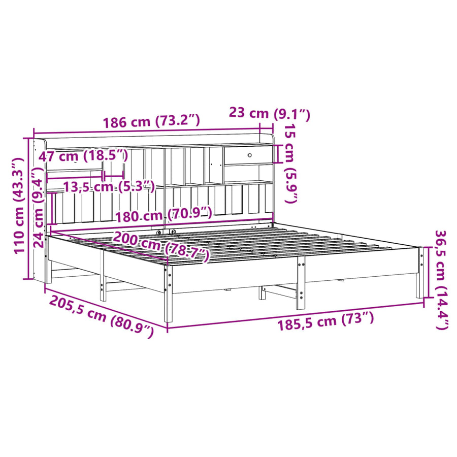 Bed met boekenkast zonder matras grenenhout wit 180x200 cm