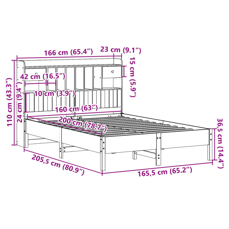Bed met boekenkast zonder matras grenenhout wasbruin 160x200 cm