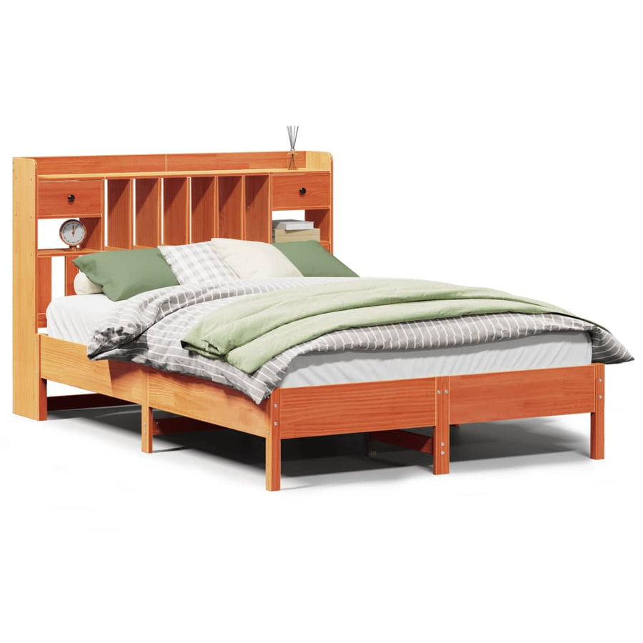 Bed met boekenkast zonder matras grenenhout wasbruin 150x200 cm