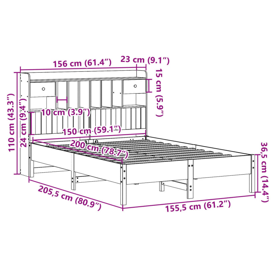 Bed met boekenkast zonder matras grenenhout wasbruin 150x200 cm
